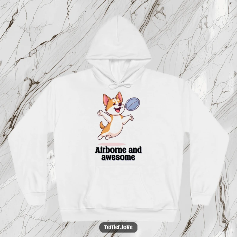 Funny terrier hoodie featuring a bouncy dog leaping dynamically to catch a flying disc, capturing athletic fun.