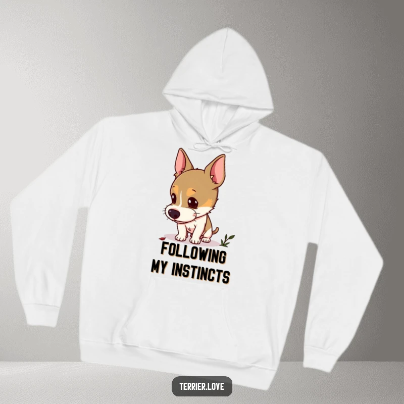 Funny curious terrier hoodie showing a dog with alert ears sniffing the ground, investigating a hidden scent with intense focus.