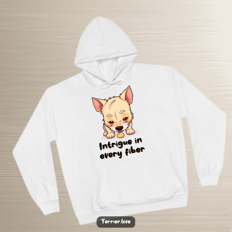 Funny terrier hoodie depicting a curious dog intently sniffing a small, intriguing object, perfect for cozy pondering.