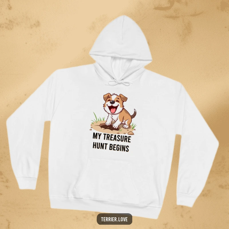 Funny digging terrier hoodie, dog with intense focus on digging, cozy canine apparel, excellent present choice.