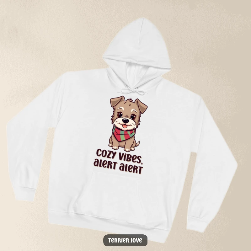Funny terrier hoodie depicting a happy, alert dog wearing a scarf, offering cozy and cheerful vibes.