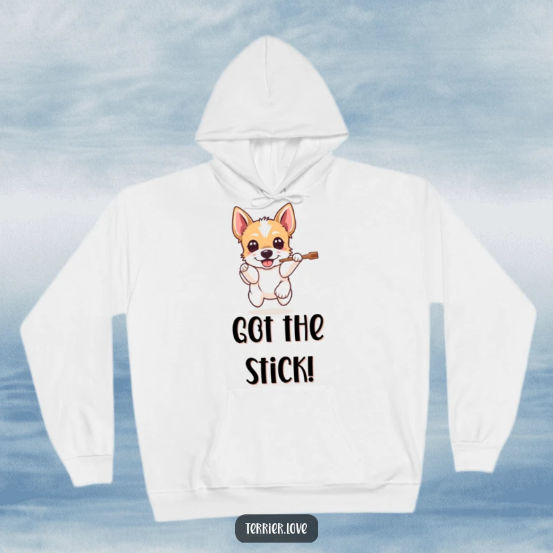 Funny Terrier Hoodie: A happy dog leaps for a stick, embodying the fun of fetch, perfect for staying warm and humorous.