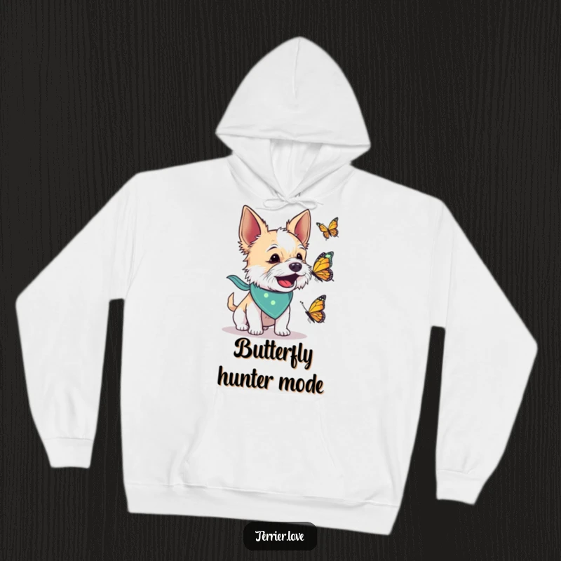 Funny and cozy hoodie featuring a terrier dog in a bandana energetically barking at a butterfly, embodying playful pursuit.