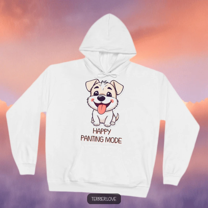 Funny smiling terrier hoodie with a dog happily panting with its tongue lolling out, symbolizing pure happiness.