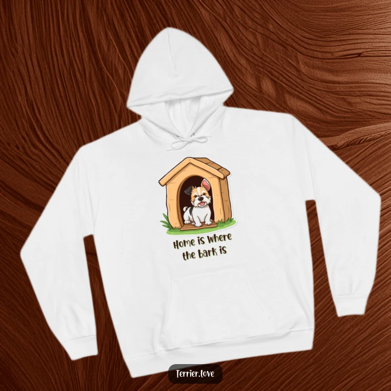 Funny terrier peeking playfully from a doghouse, perfect for a humorous hoodie.
