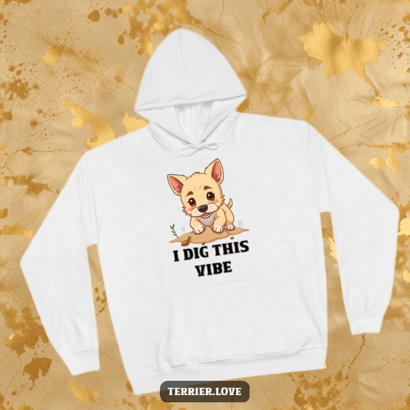Funny hoodie showcasing a determined terrier dog digging with intensity, offering a cozy and humorous piece of apparel.