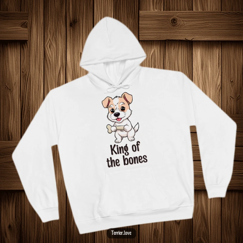 Funny Hoodie with a proud terrier holding a bone, comfortable and humorous apparel celebrating success.
