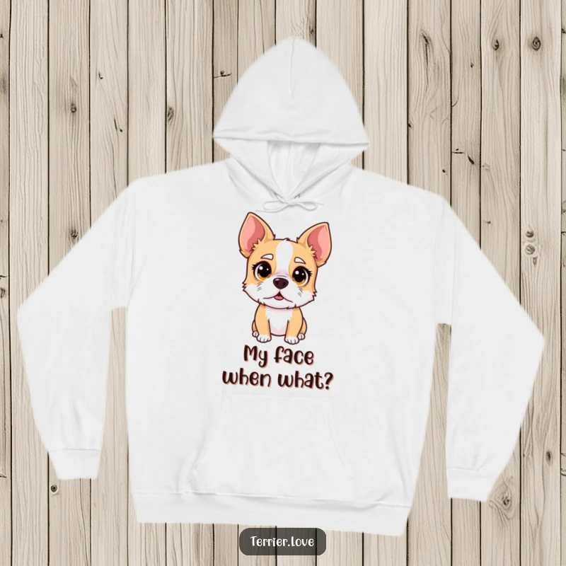 Funny surprised terrier hoodie, dog with wide eyes and quizzical look, cozy shocked canine apparel, excellent present choice.