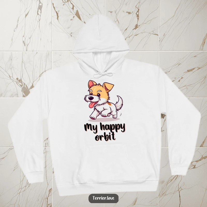 Funny hoodie featuring a happy terrier dog caught in a hilarious loop of chasing its own tail, perfect for relaxed wear.
