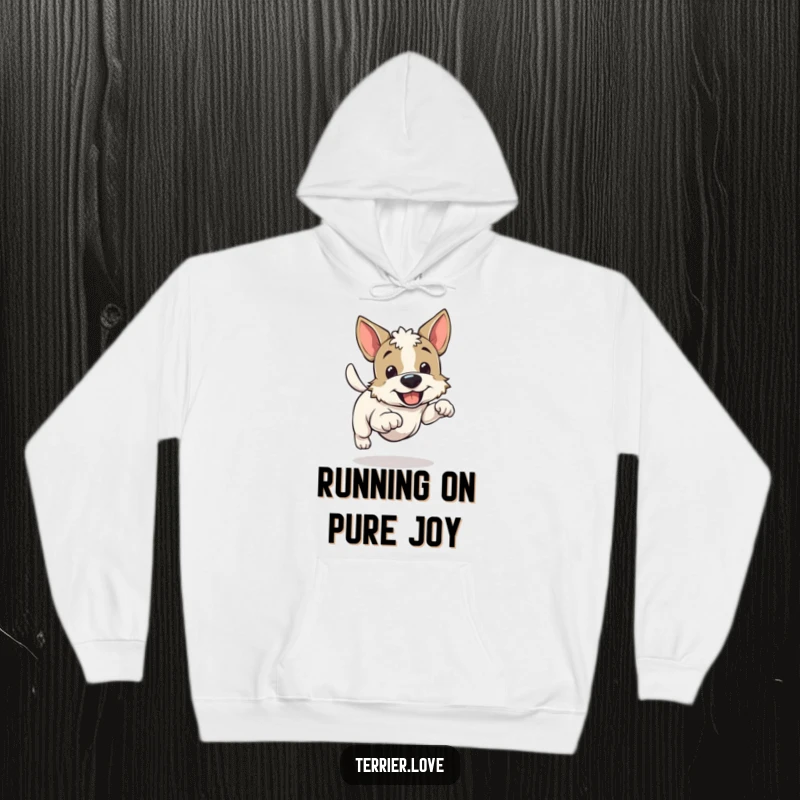 Funny cheerful running terrier hoodie, joyful dog wagging tail while in motion, cozy canine apparel, excellent present.