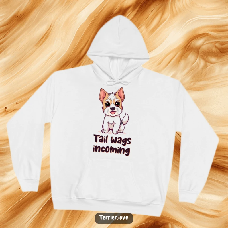 Funny hoodie displaying an alert terrier dog with an enthusiastically wagging tail, embodying sheer happiness. Ideal funny gift for dog lovers.