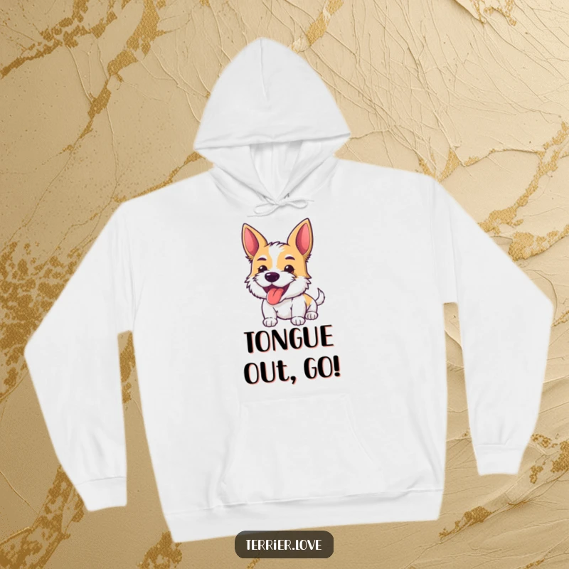 Funny Hoodie showcasing an energetic terrier with its tongue playfully lolling out, radiating pure joy and a carefree attitude.
