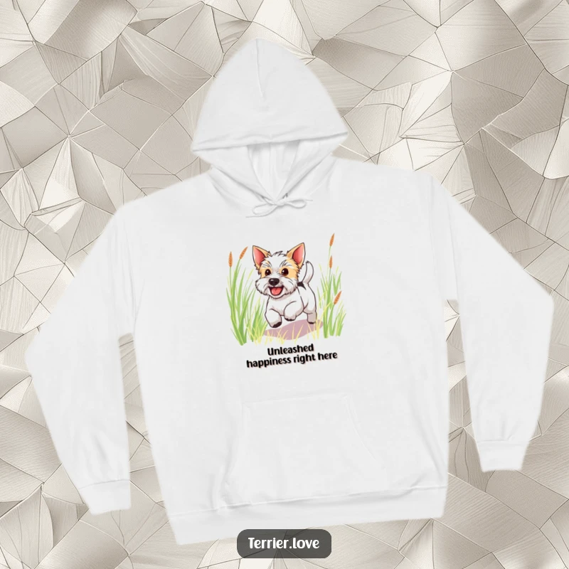 Funny happy terrier hoodie with a blur of a wagging tail as it bounds through tall grass, conveying pure happiness.
