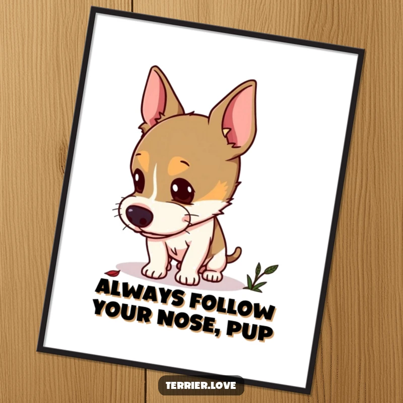 Free Printable Terrier Wall Art: Curious terrier with alert, perked ears sniffing the ground intently at a hidden scent.