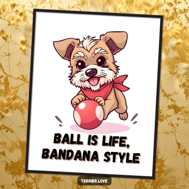 Funny Free Printable Wall Art of a terrier in a bandana in full pursuit of a bouncy ball.