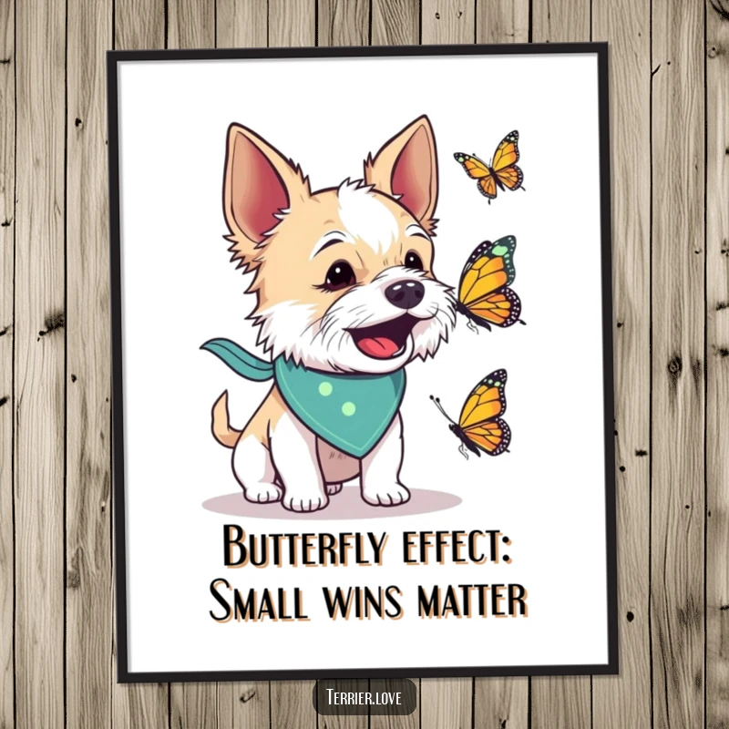 Funny Free Printable Wall Art: Terrier in tiny bandana energetically barks at a butterfly, creating a comical scene.