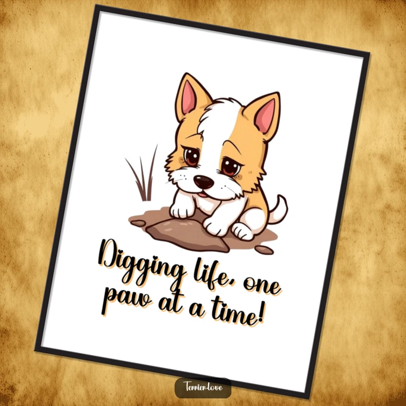 Funny Free Printable Terrier Wall Art: Terrier dog digging a hole with determined look, focused and industrious, perfect for dog lovers, downloadable art.