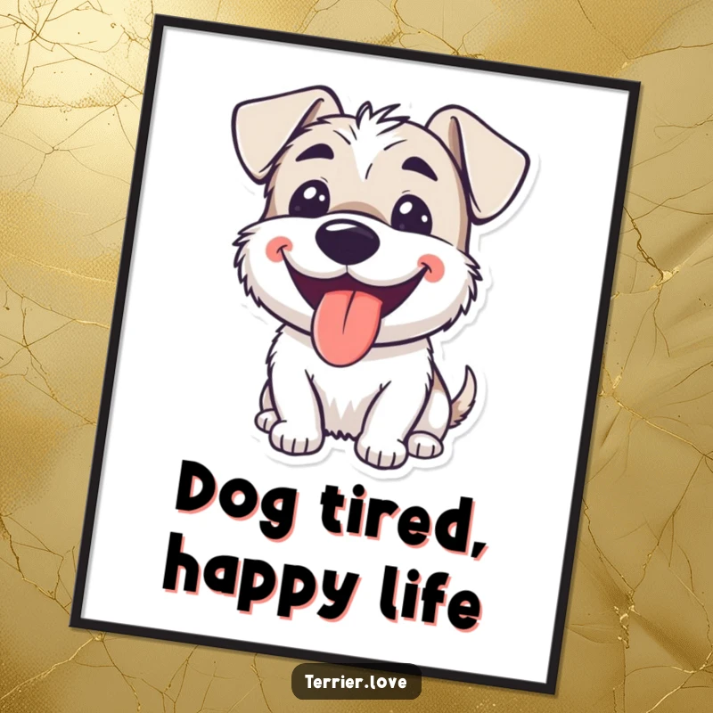 Funny free printable wall art of a smiling terrier with its tongue lolling out, panting happily and radiating pure joy.