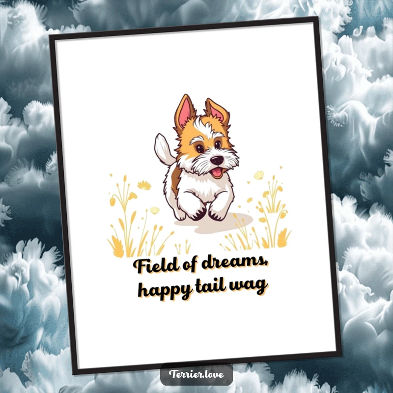 Free Printable wall art of a terrier with a wildly wagging tail running freely through a sunlit field, embodying joy.