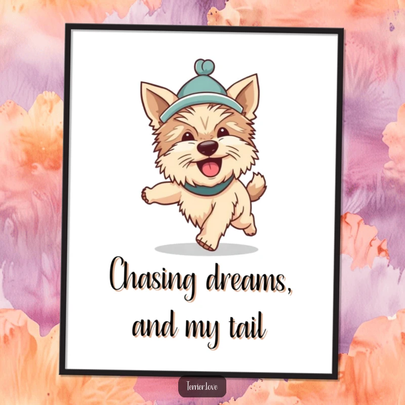 Funny Free Printable Wall Art: A silly Terrier dons a hat and enthusiastically chases its own tail in a comical loop.