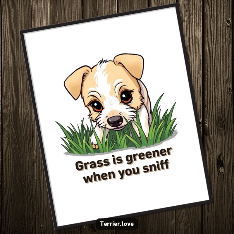 Funny Free Printable Wall Art: A terrier with a curious gaze sniffing a patch of grass, evoking a sense of gentle exploration.