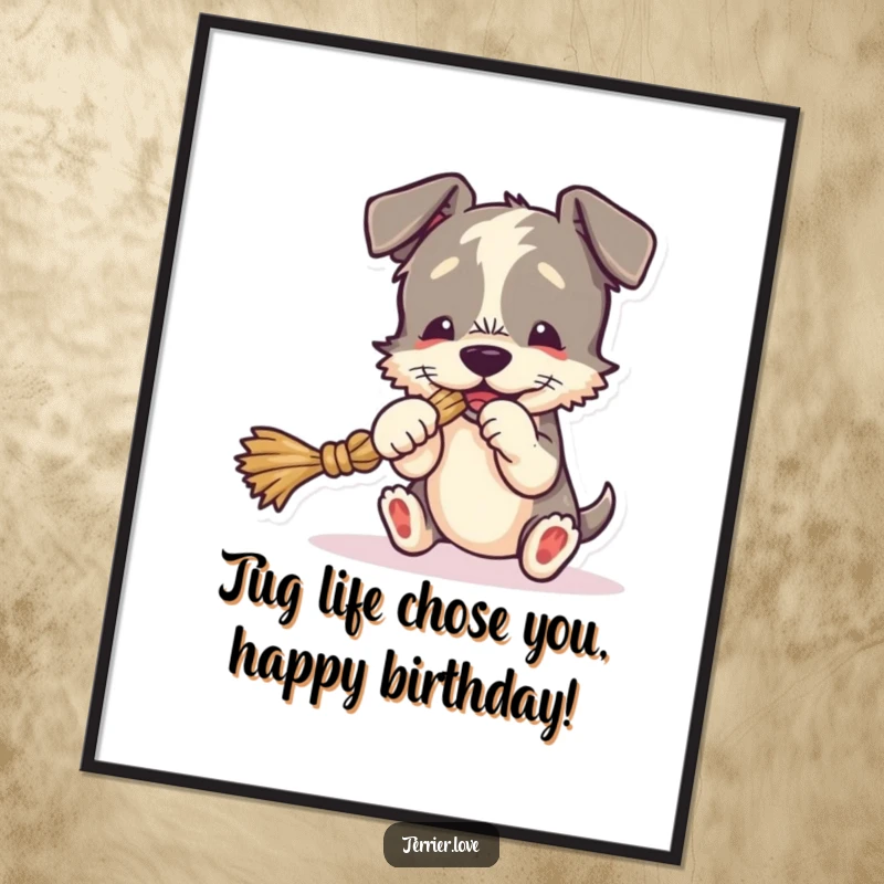 Funny Free Printable Terrier Wall Art: Playful terrier dog tugging a rope toy, energetic and fun, perfect for dog lovers, downloadable art.