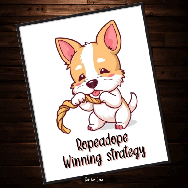 Funny Free Printable Terrier Wall Art: Terrier dog playfully tugging on a rope toy, full of zest.