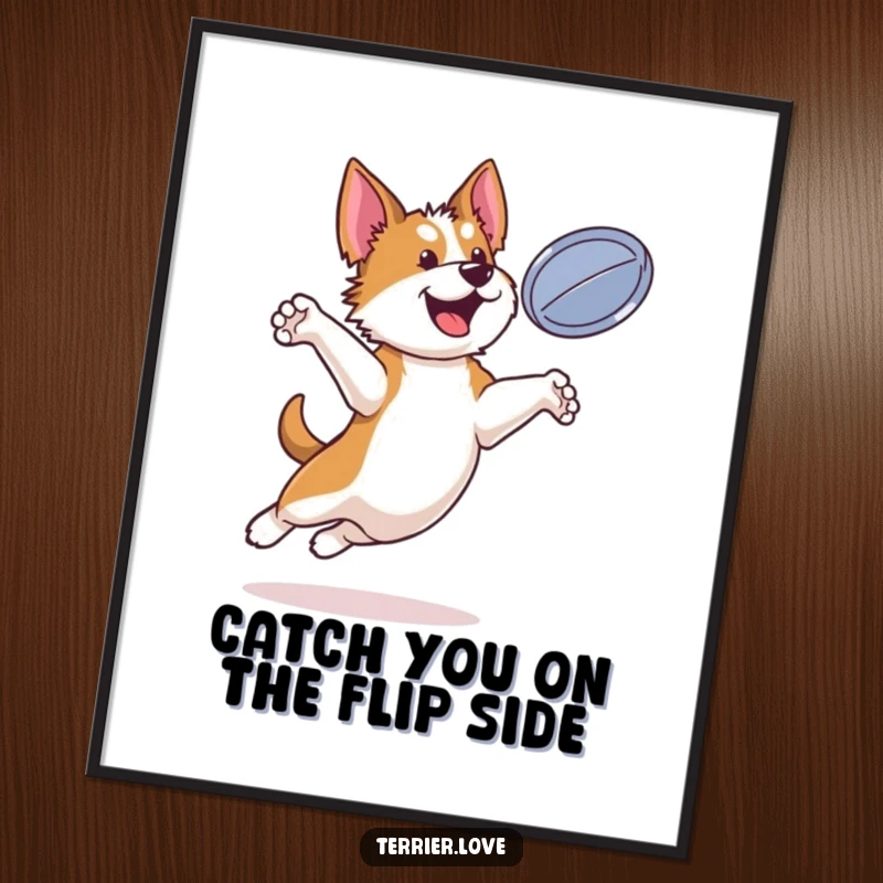 Funny free printable wall art capturing a bouncy terrier mid-air, energetically leaping to catch a flying disc.