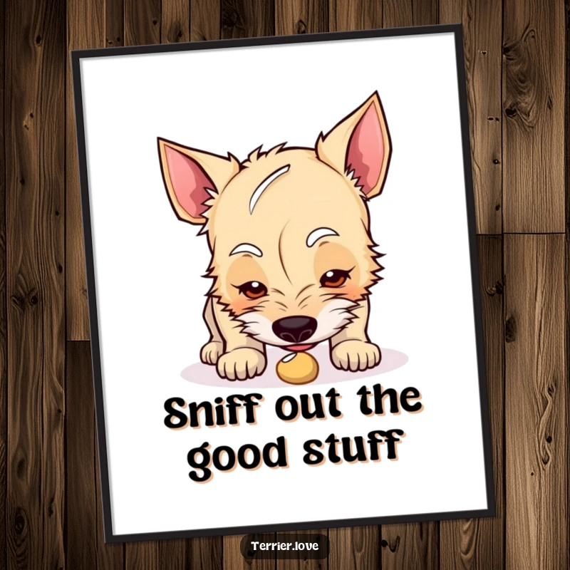Funny free printable wall art of a curious terrier intently sniffing a small, intriguing object, radiating inquisitive charm.