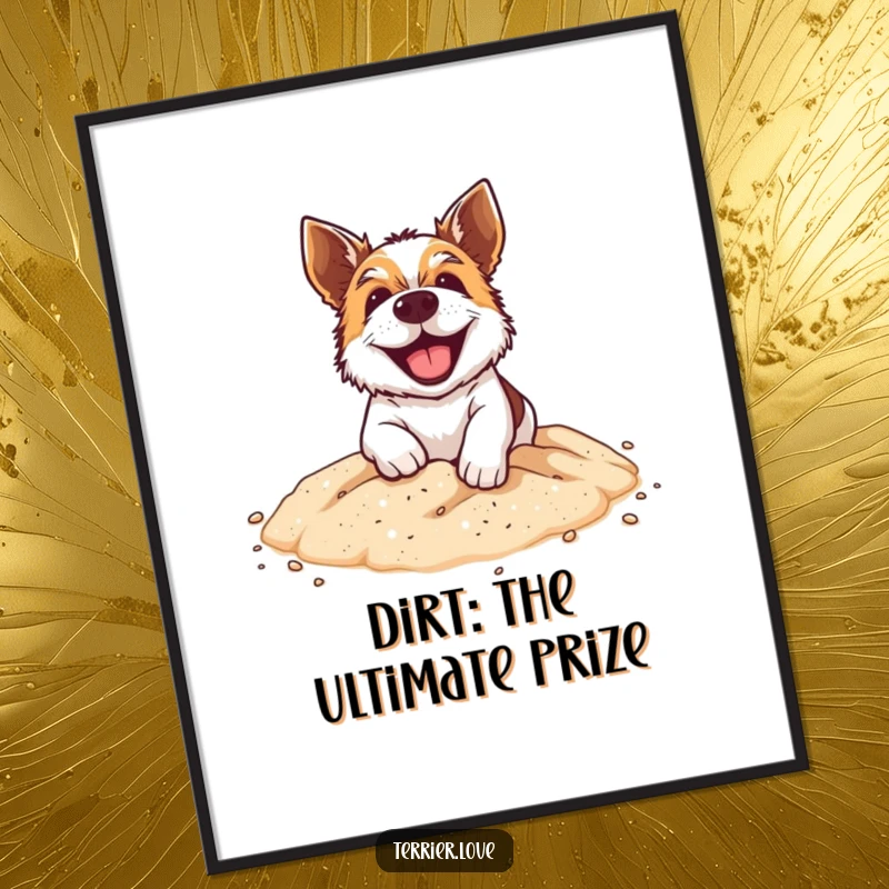 Funny Free Printable Wall Art: A grinning terrier with paws in motion, energetically digging in a miniature sandpit.