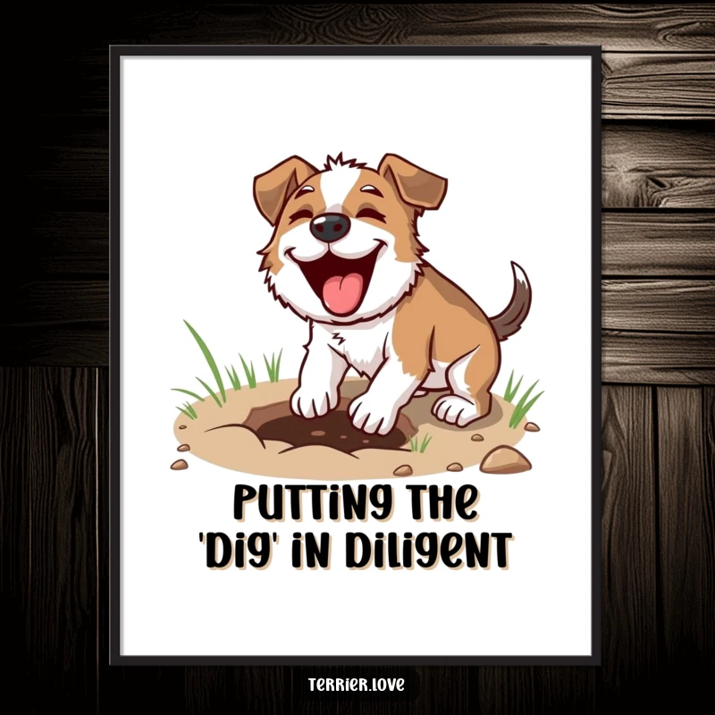 Funny Free Printable Wall Art: A terrier with determined focus, digging a shallow hole with playful intensity.