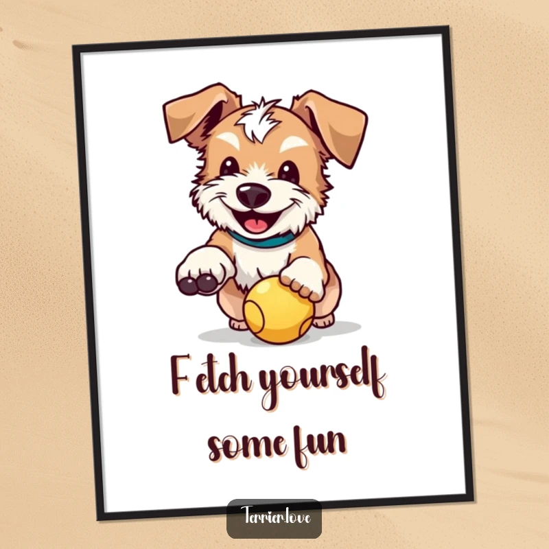 Funny Free Printable Wall Art: A happy terrier with floppy ears, proudly catching a bright red ball.