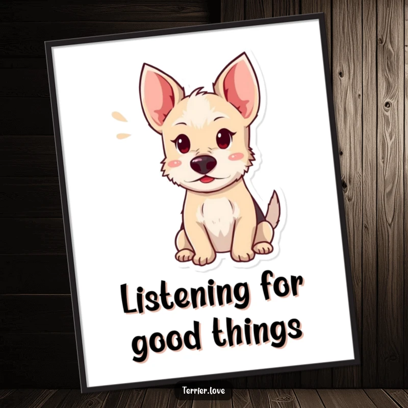 Funny Free Printable Wall Art: A terrier character with its ears sharply perked, intently listening for something intriguing.