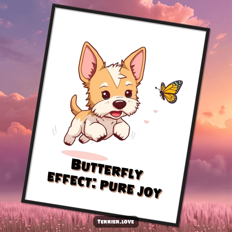 Funny free printable wall art of a playful terrier with ears perked, joyfully chasing a fast-moving butterfly.