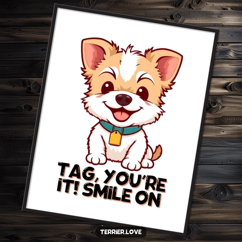 Funny Free Printable Wall Art: A cheerful terrier wearing a collar and tag, sporting a wide, happy smile. Downloadable decor.