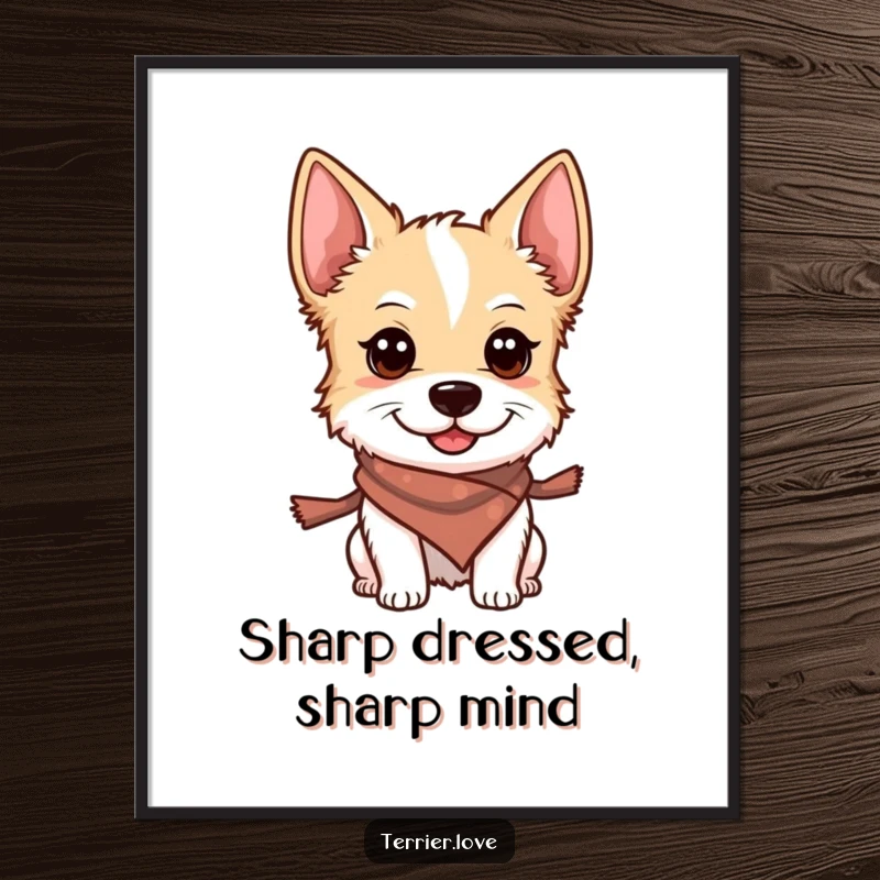Funny Free Printable Wall Art: A smiling terrier wearing a small, stylish scarf, looking alert and fashionable.