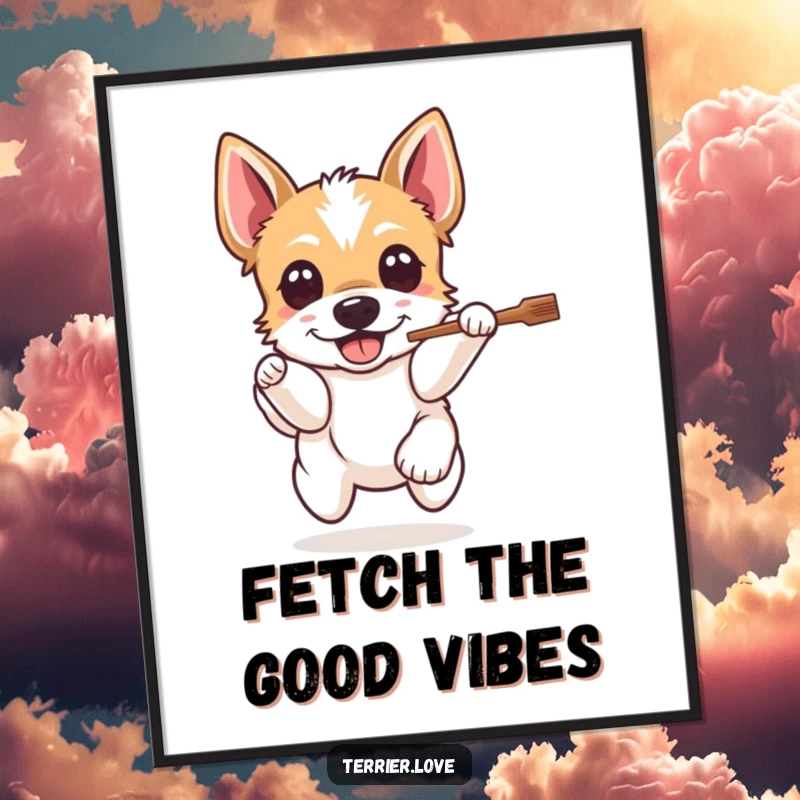 Funny Free Printable Wall Art of an ecstatic Terrier dog with wide, happy eyes leaping with all its might for a thrown stick.