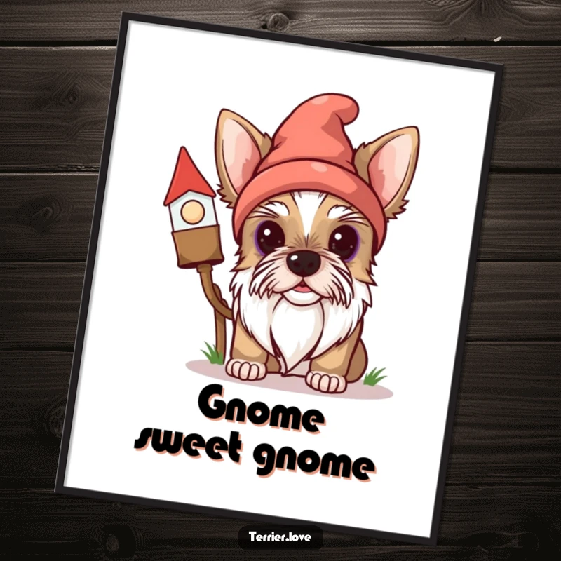 Funny Free Printable Wall Art of a curious Terrier dog peeking out from behind a garden gnome, adding whimsy.