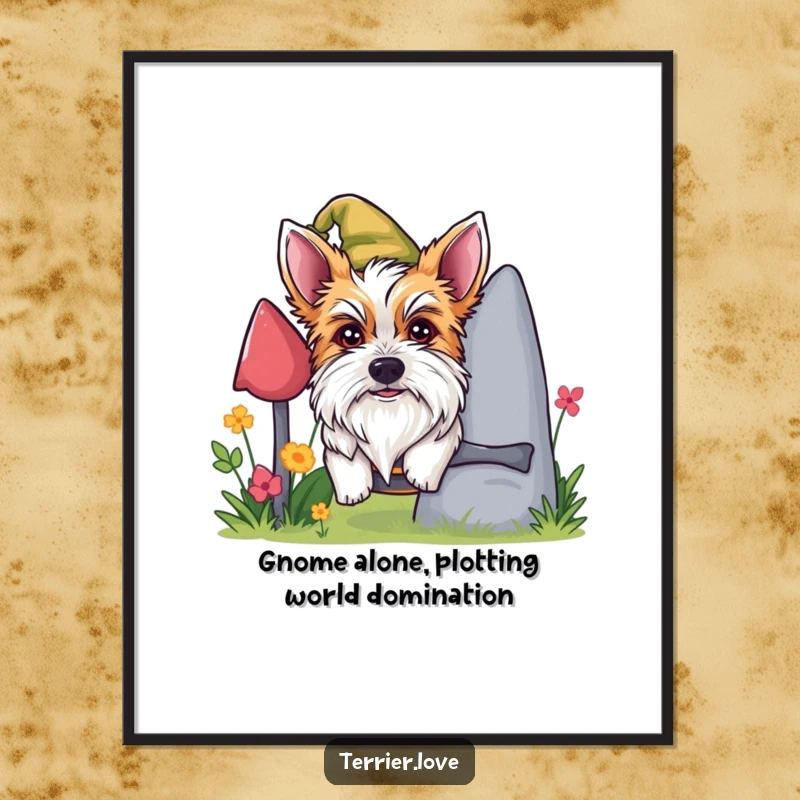 Funny Free Printable Wall Art: A terrier with a mischievous expression peeking playfully from behind a garden gnome.