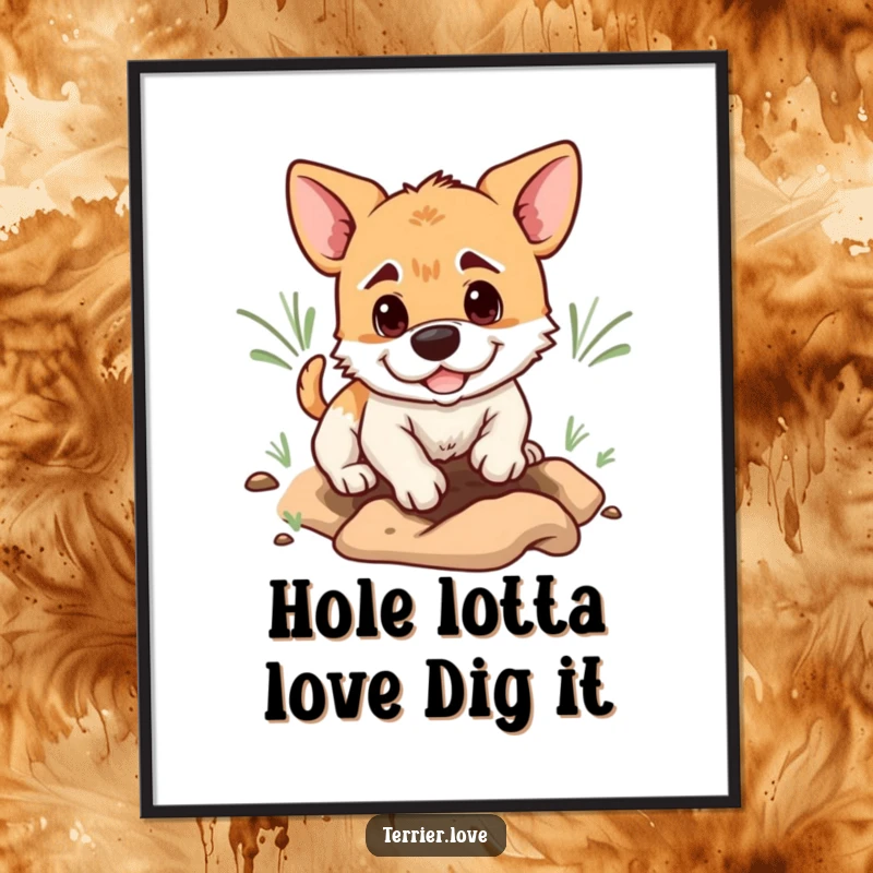 Funny Free Printable Wall Art of a determined terrier digging a hole with intense focus, a quirky piece of art.