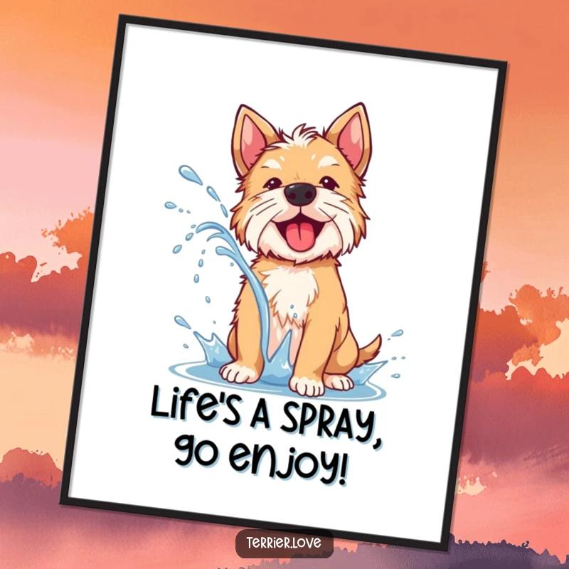 Funny Free Printable Wall Art: A terrier dog joyfully shaking off water, creating a dynamic and happy spray effect.