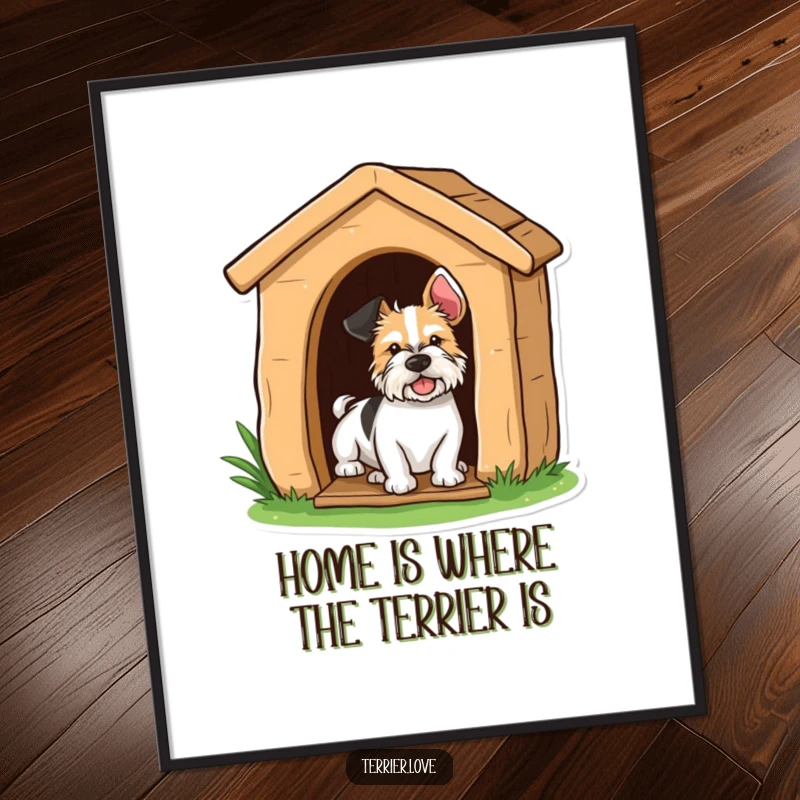 Free Printable wall art of a terrier playfully peeking from a doghouse, radiating mischievous charm and fun.
