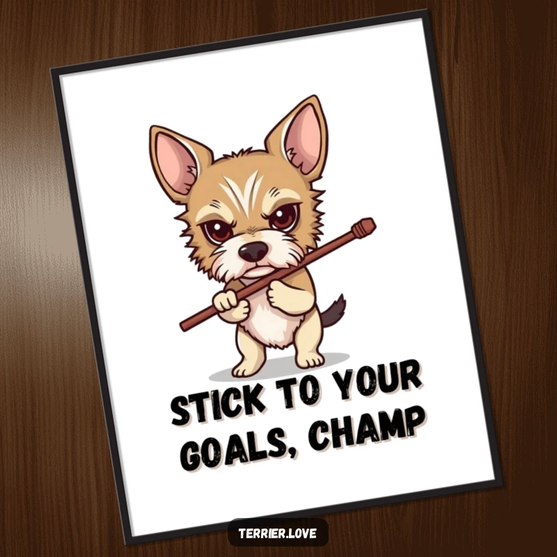 Funny Free Printable Wall Art: A terrier with a determined gaze, proudly carrying a large stick. Downloadable art.