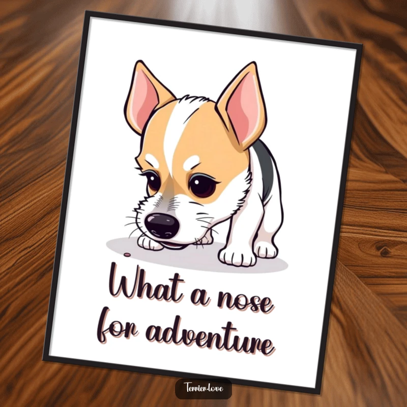 Funny Free Printable Wall Art: A curious terrier with a very focused look, sniffing the ground intently.