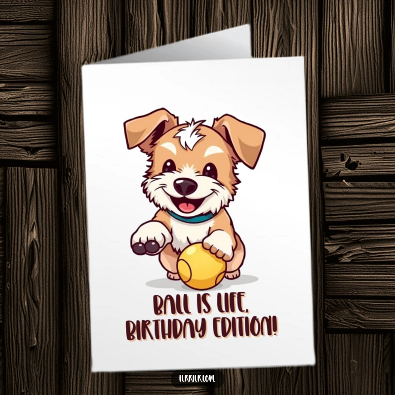 Funny Free Printable Birthday Card: Happy Terrier with Floppy Ears Leaping to Catch a Ball.