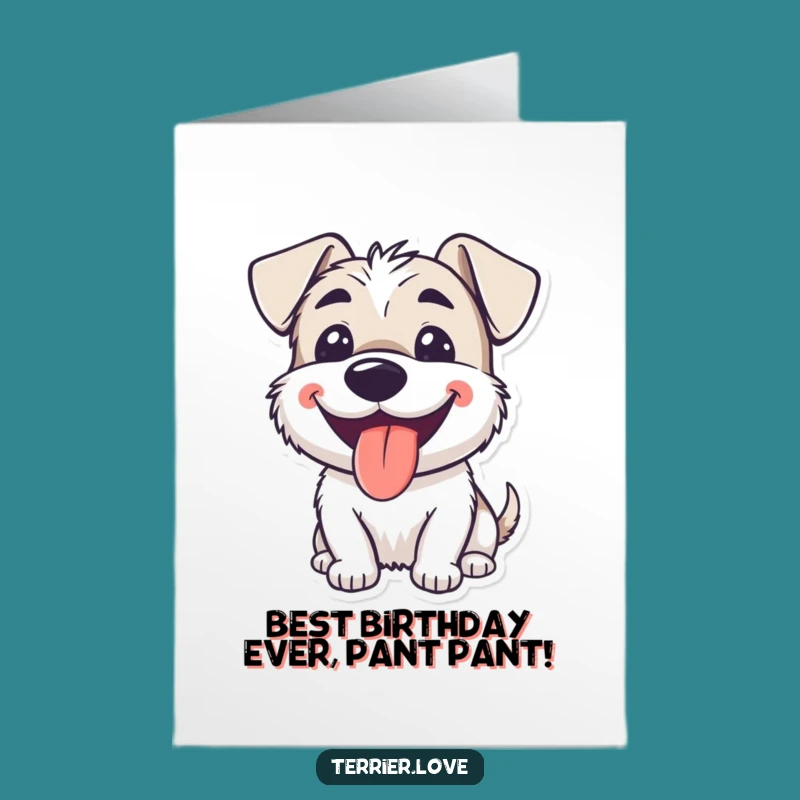 Free Printable Birthday Card: Happy Terrier, a panting downloadable gift for celebration.