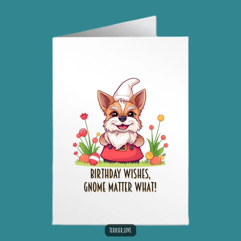 Free Printable Terrier Birthday Card: Gnome-Hiding Dog Funny Downloadable Gift