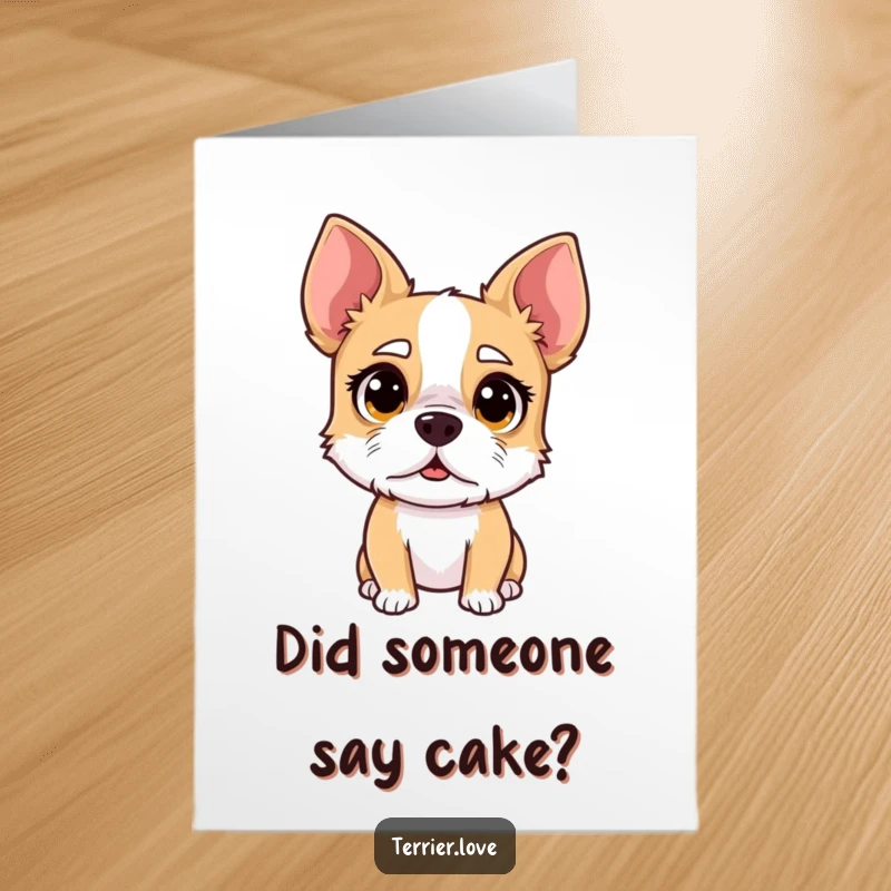 Funny Free Printable Birthday Card: A terrier with wide, surprised eyes and a raised eyebrow, reacting to birthday news.