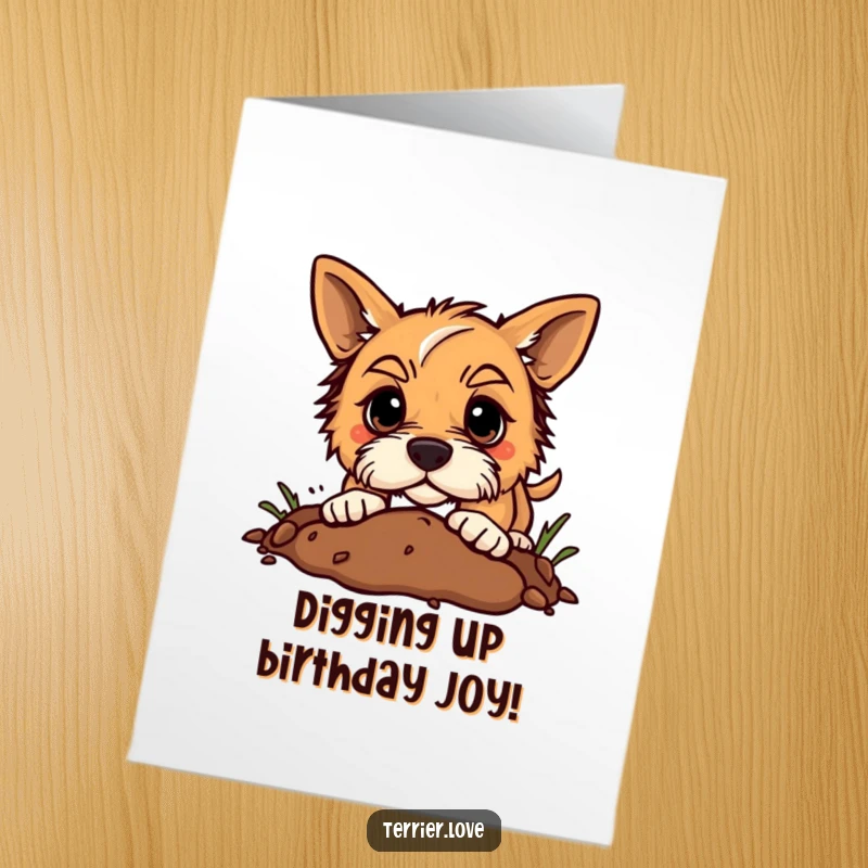 Free Printable Terrier Birthday Card: Determined terrier with a focused expression, digging enthusiastically in the dirt.