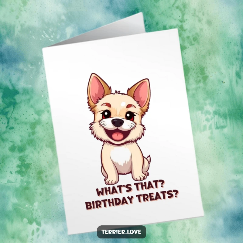 Funny Free Printable Birthday Card: An excited terrier tilting its head inquisitively, with wide, questioning eyes, perfect for a birthday surprise.